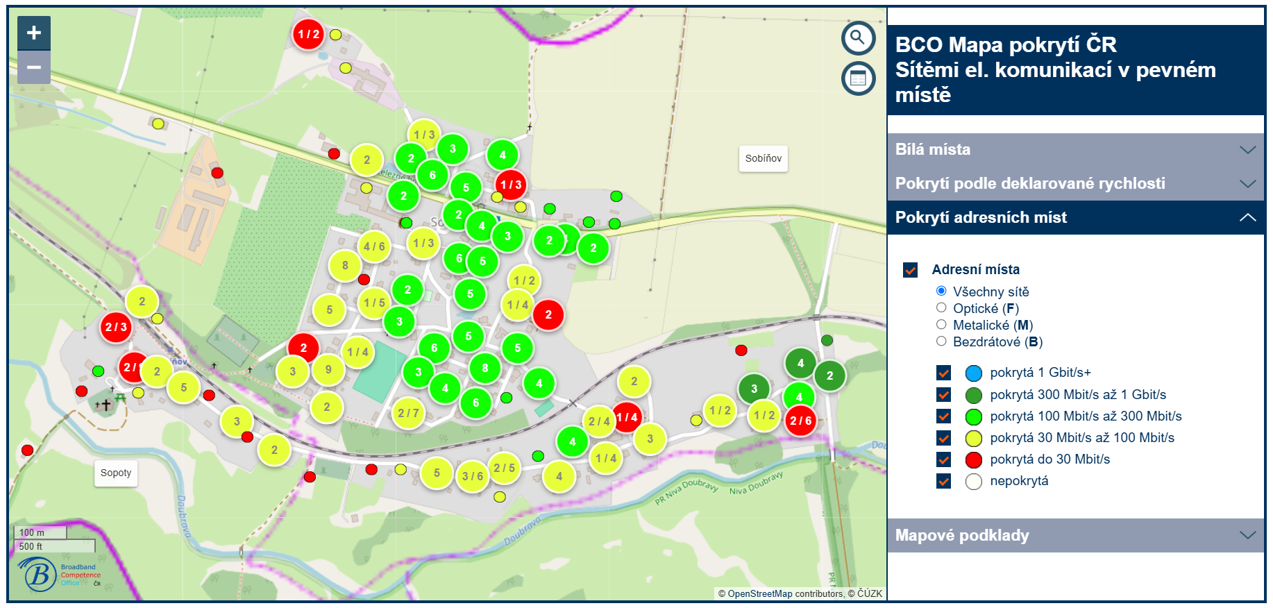 BCO Mapa pokrytí ČR sítěmi v pevném místě